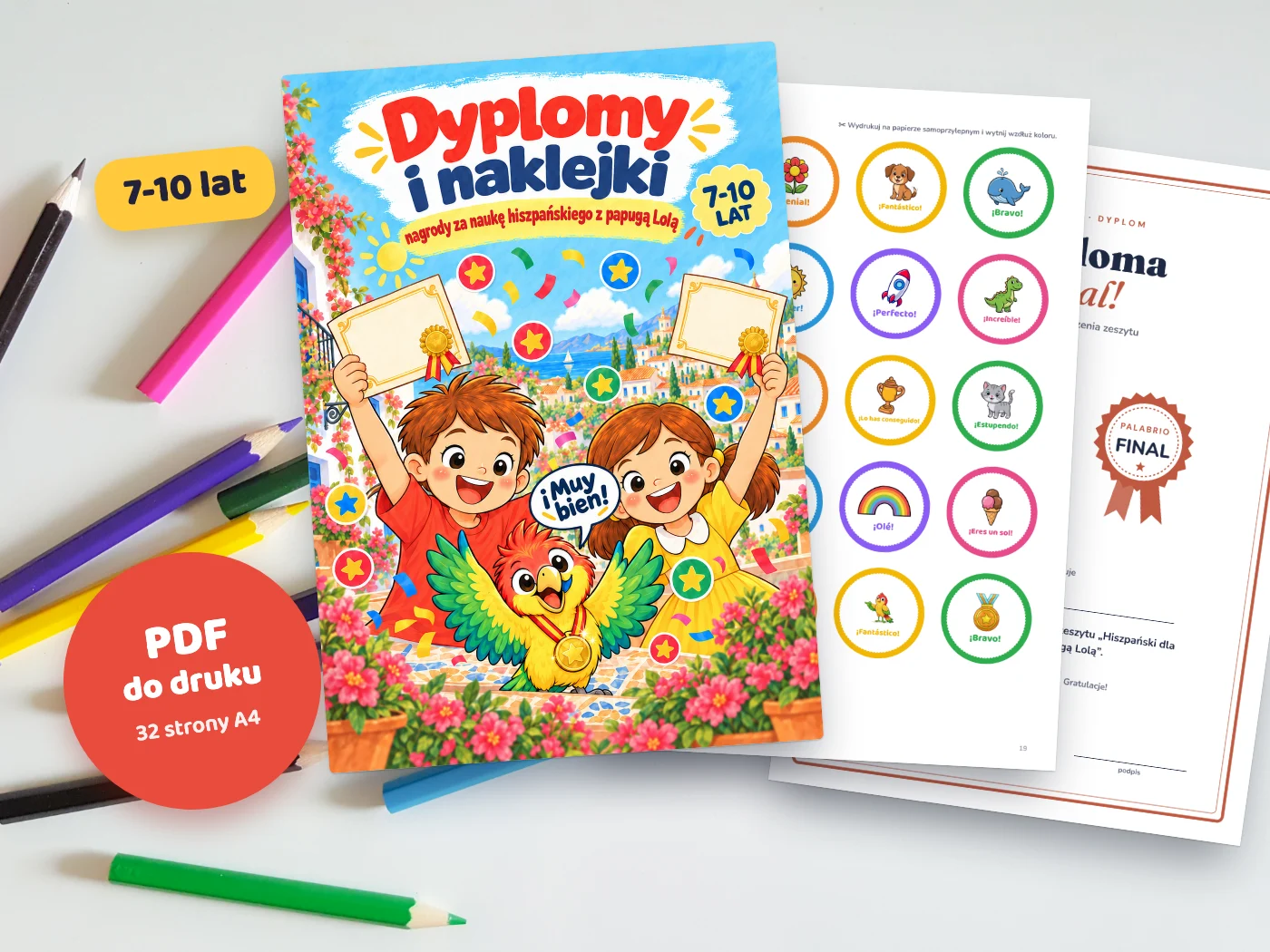 Wydrukowane dyplomy i naklejki z papugą Lolą do nauki hiszpańskiego