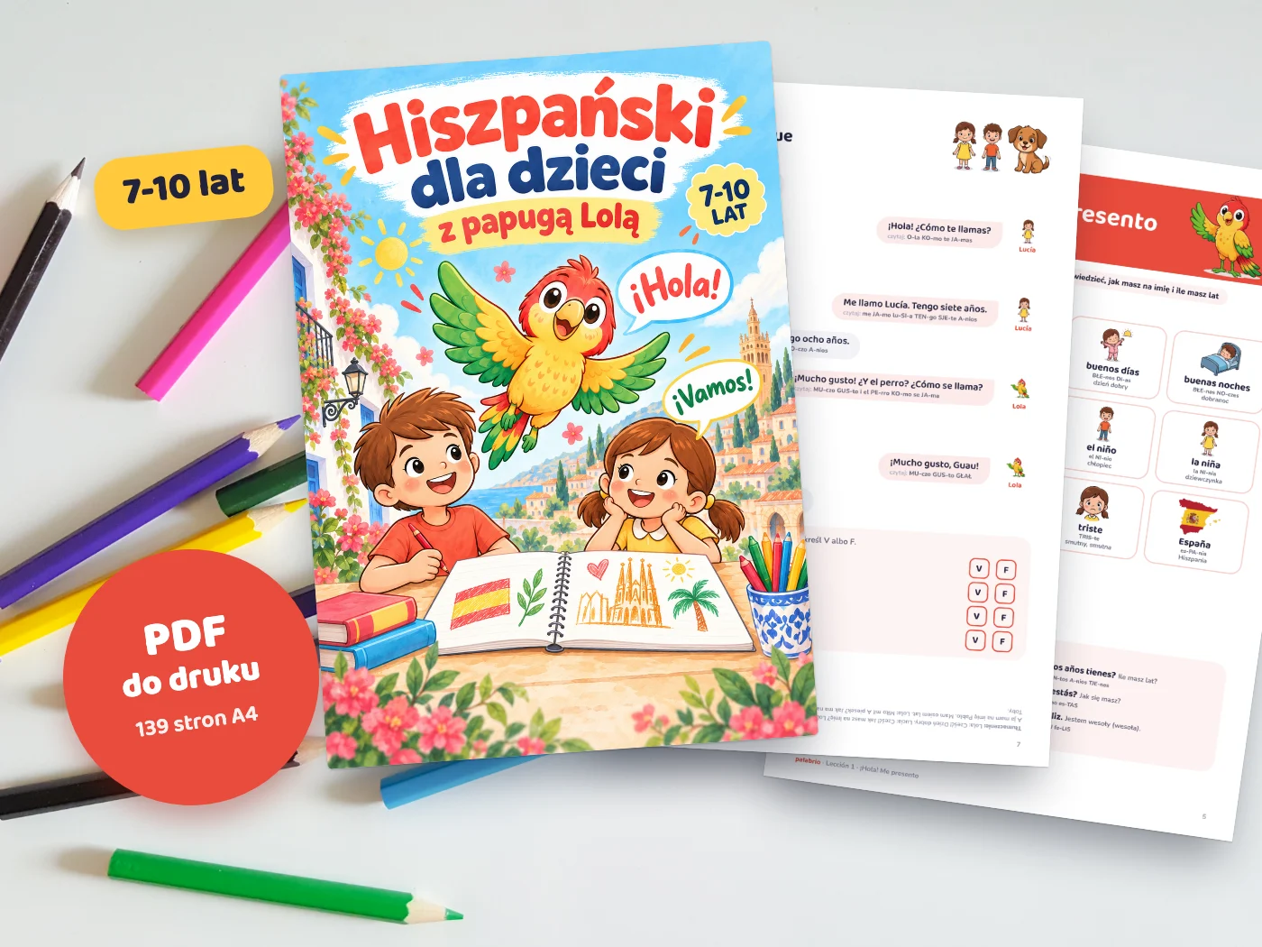 Wydrukowany zeszyt „Hiszpański dla dzieci 7-10 lat” z papugą Lolą: okładka, czytanka-komiks i słowa lekcji