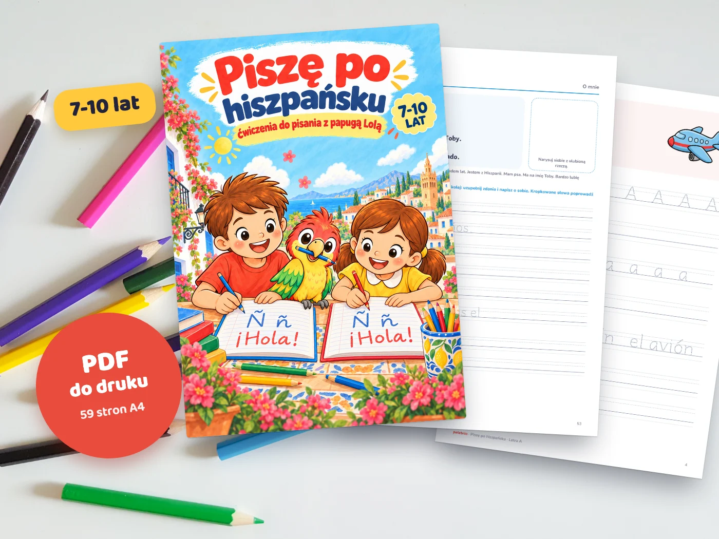 Wydrukowane ćwiczenia „Piszę po hiszpańsku”: litery po kropkach i tekst o sobie