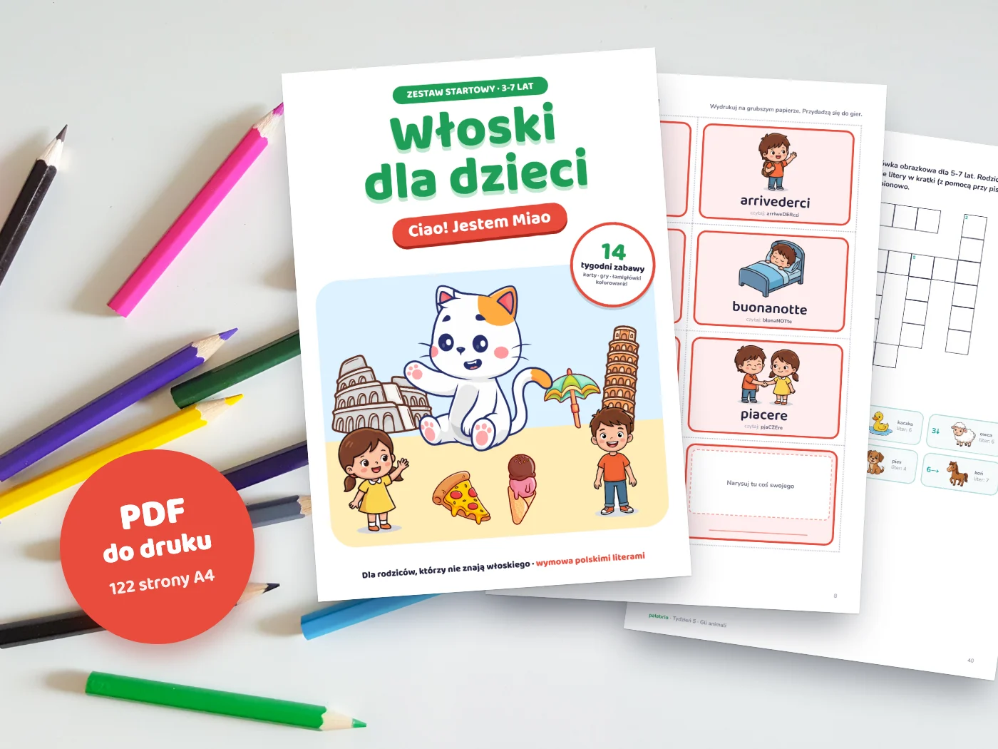 Wydrukowane strony zestawu „Włoski dla dzieci”: okładka, karty do wycięcia i krzyżówka obrazkowa