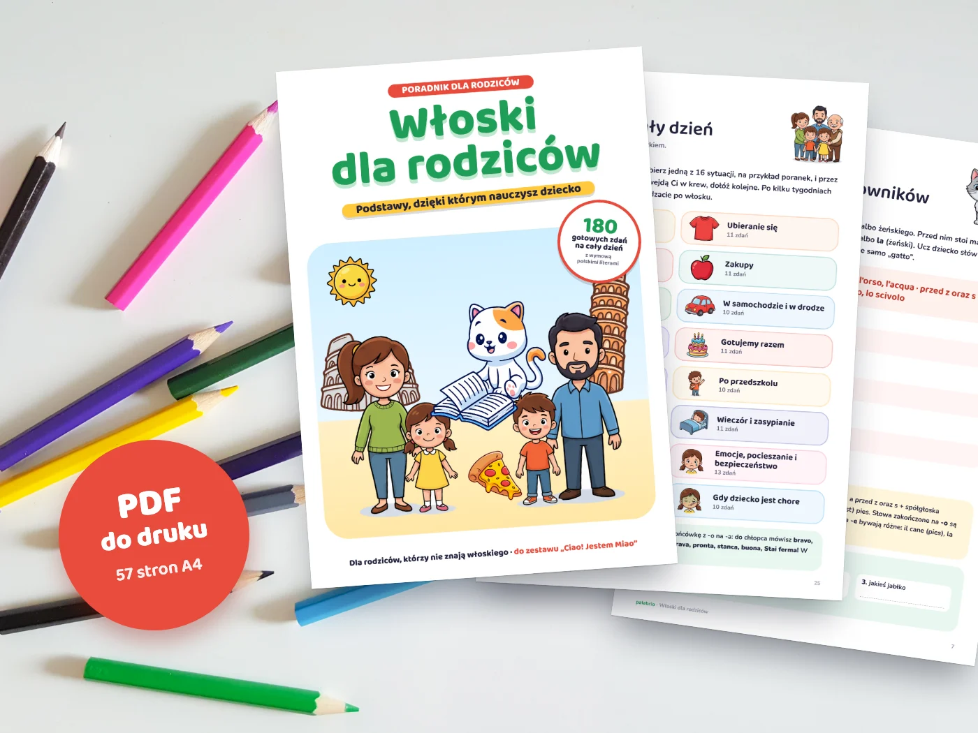Wydrukowane strony poradnika „Włoski dla rodziców”