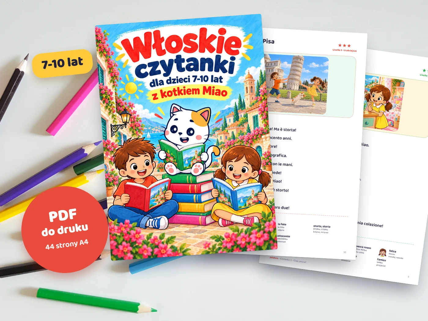 Wydrukowane włoskie czytanki dla dzieci 7-10 lat z kotkiem Miao i kolorowymi ilustracjami