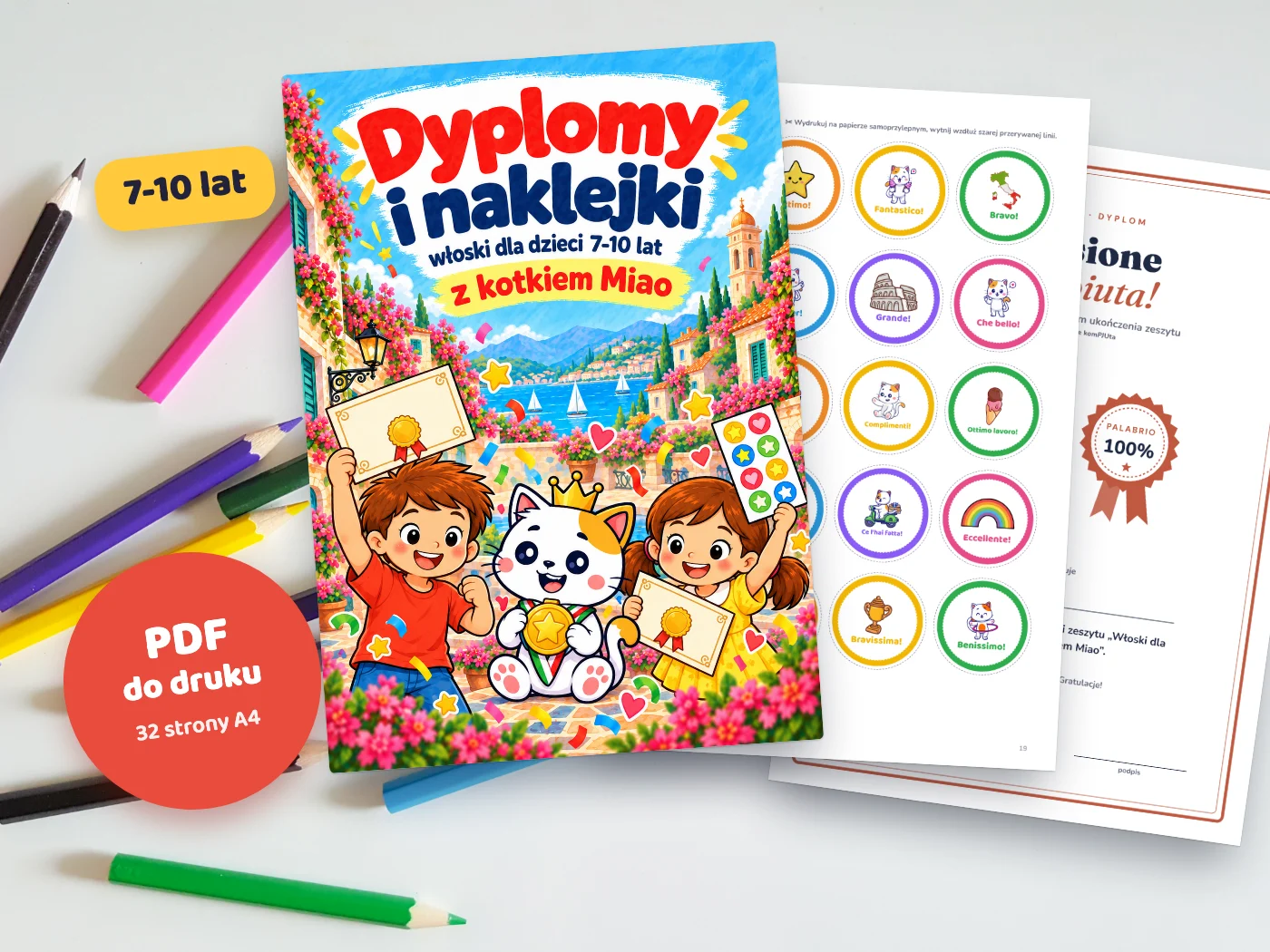 Wydrukowane dyplomy i naklejki z kotkiem Miao do nauki włoskiego