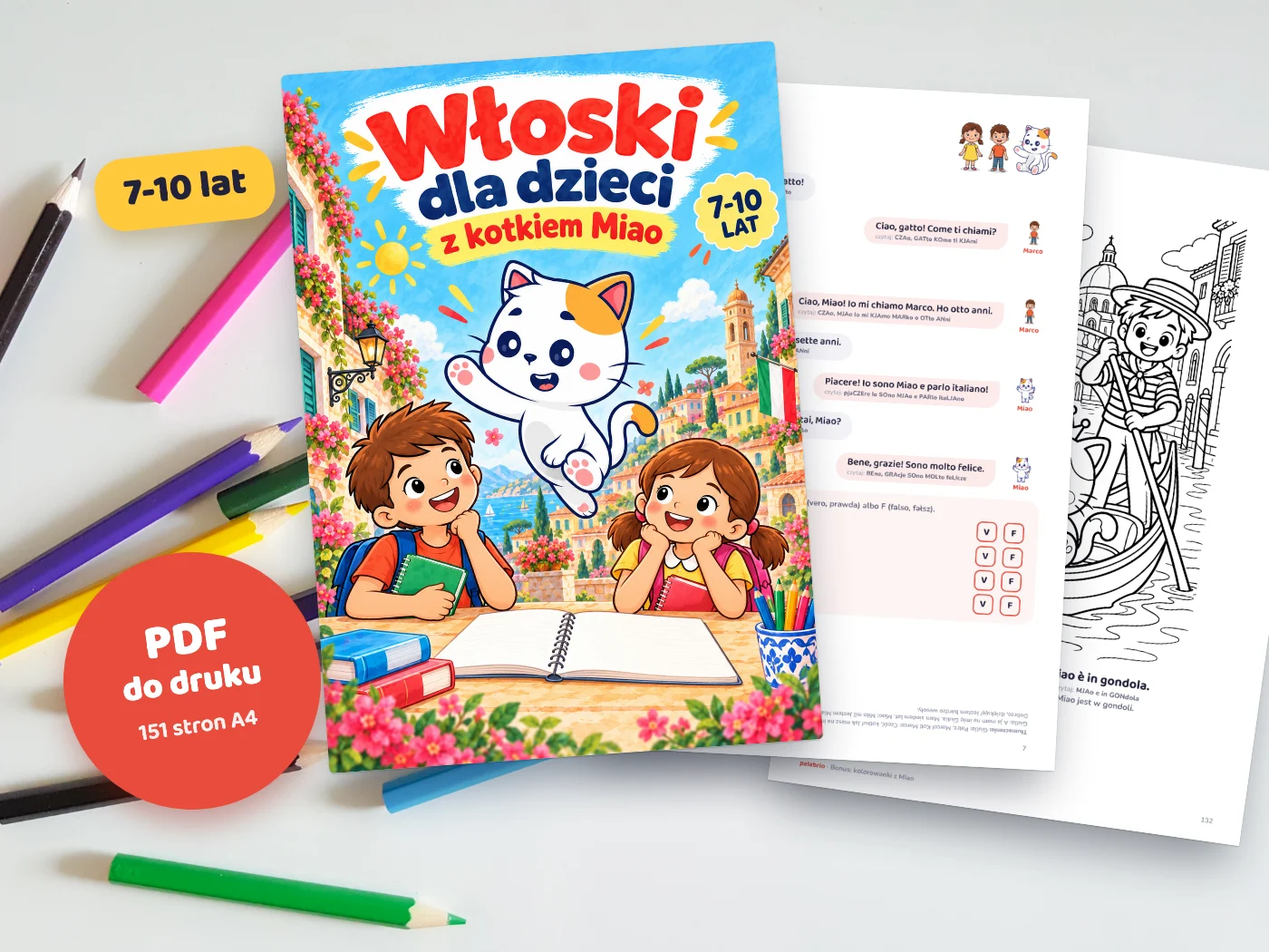 Wydrukowany zeszyt „Włoski dla dzieci 7-10 lat” z kotkiem Miao: okładka, czytanka i kolorowanka