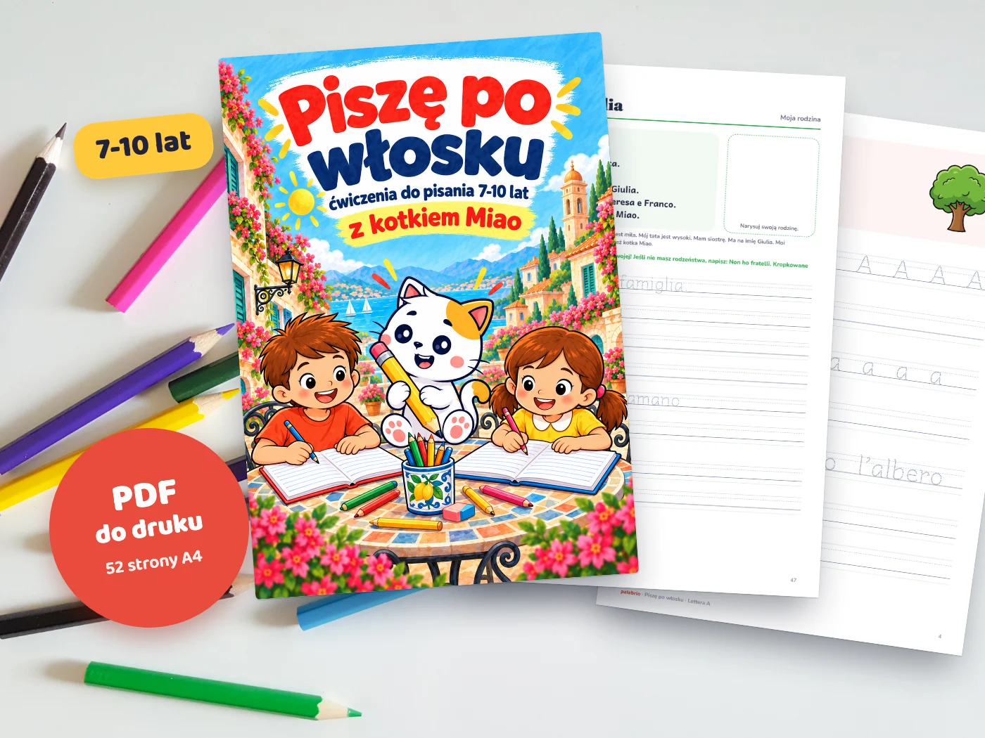 Wydrukowane ćwiczenia „Piszę po włosku”: litery po kropkach i tekst o rodzinie