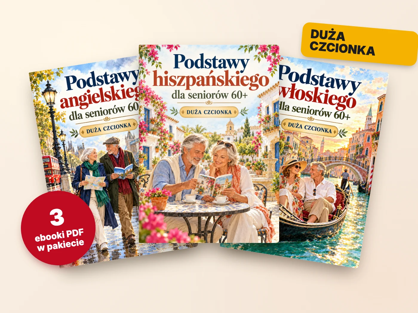 Trzy ebooki: Podstawy angielskiego, hiszpańskiego i włoskiego dla seniorów 60+, duża czcionka