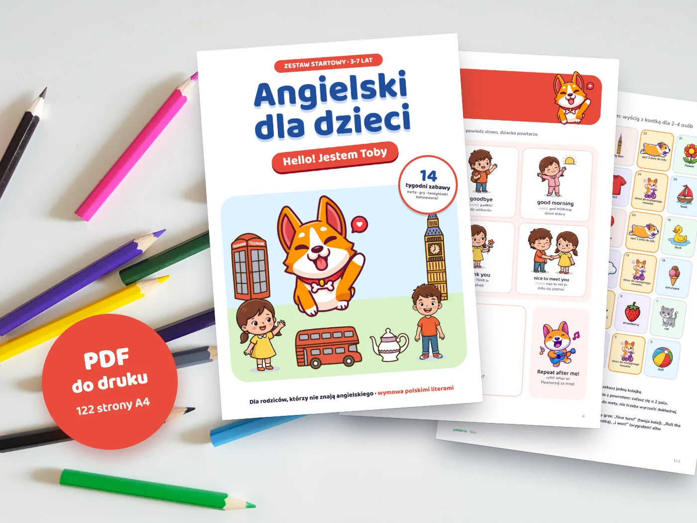 Wydrukowane strony zestawu „Angielski dla dzieci”: okładka, słowa tygodnia i gra planszowa