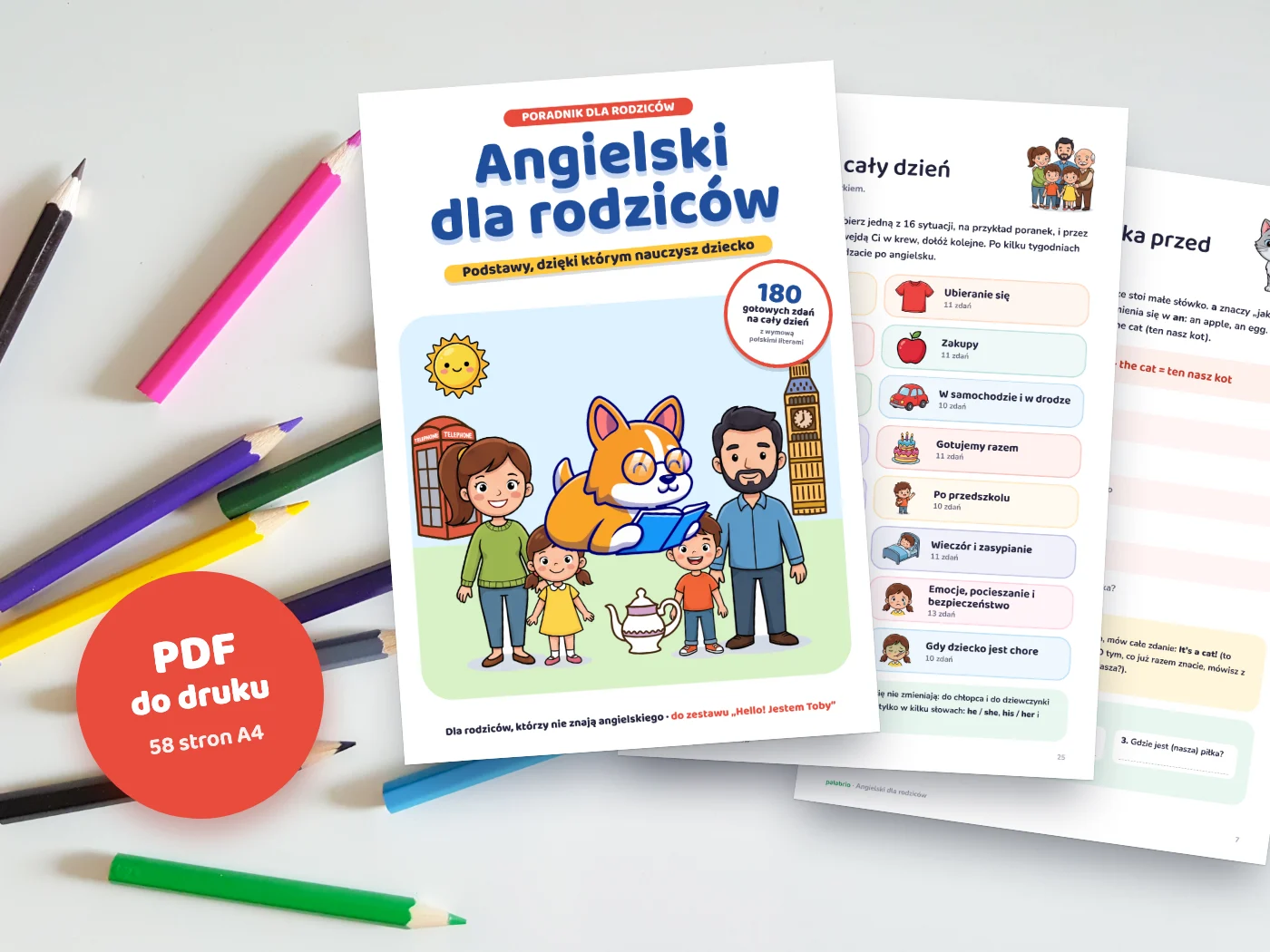 Wydrukowane strony poradnika „Angielski dla rodziców”