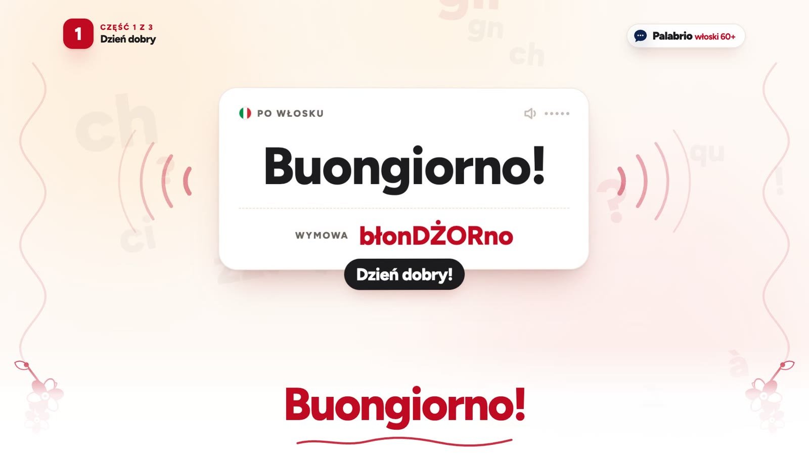 Karta z lekcji: Buongiorno!, z wymową polskimi literami i tłumaczeniem